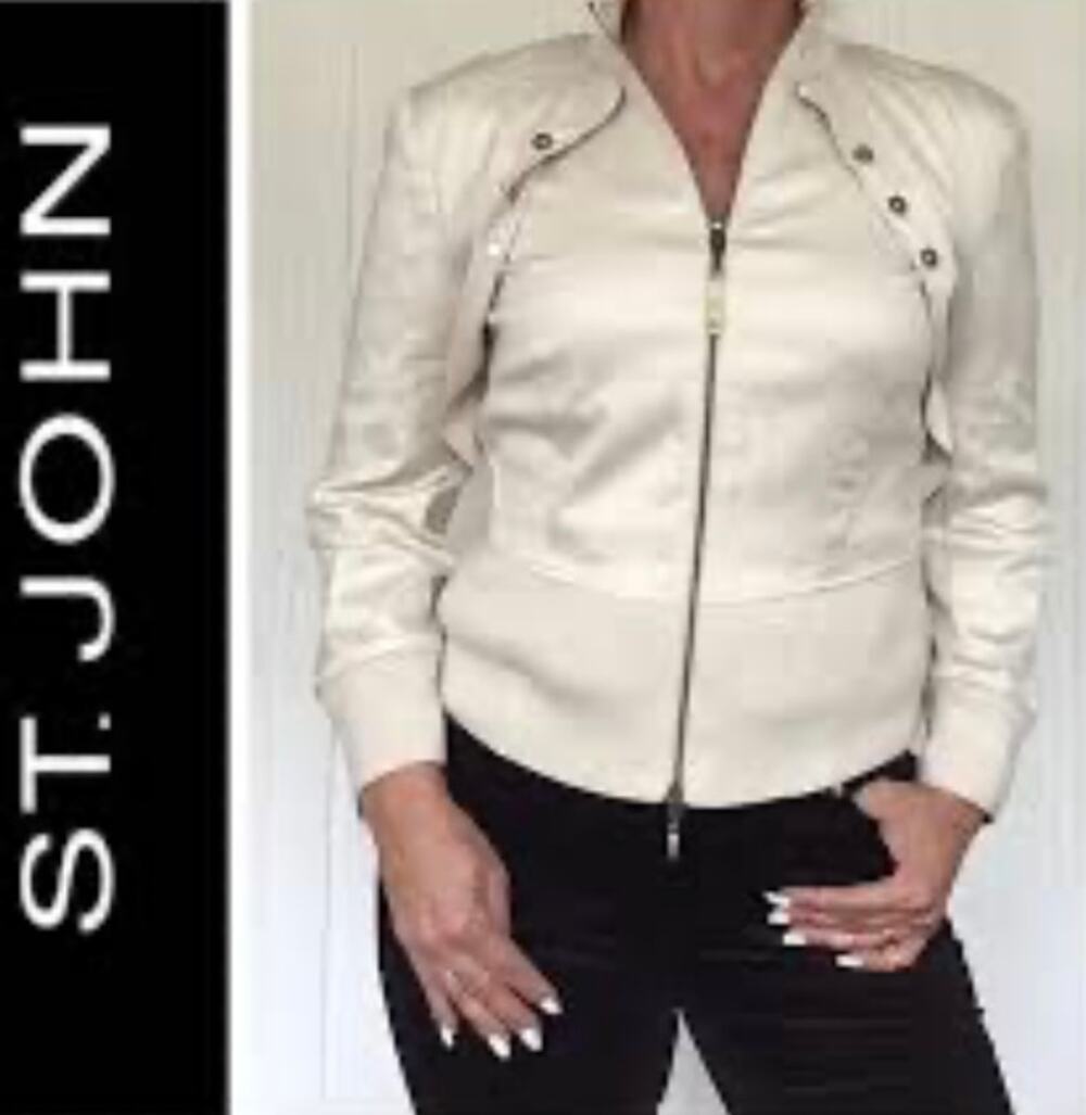 St. John Sport Full Zip Jacket Cotton Stretch Blend 2 Way Zipper Tan Size P
